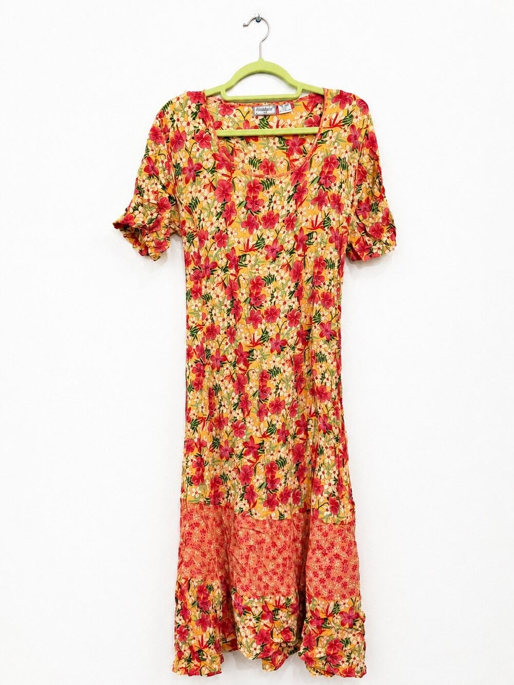 Nostalgia Yellow Pink Floral Midi Dress Cottagecore Prairie Sz L